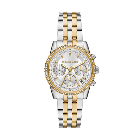 Laidies Two Tone Michael Kors Ritz 38mm Stone Set Chronograoh Watch