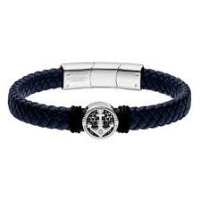 Gents Steelwear Stainless Steel Black Leather Plait Anchor Bracelet