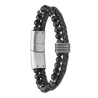 Gents Steelwear Stainless Steel Miami Leather & Black Bead Bracelet