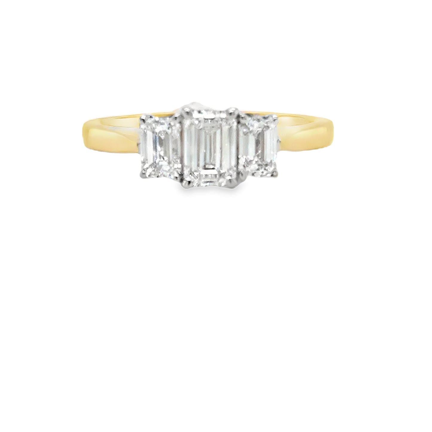 9ct 3 Stone Emerald Cut Cultured Diamond Ring 1.10ct