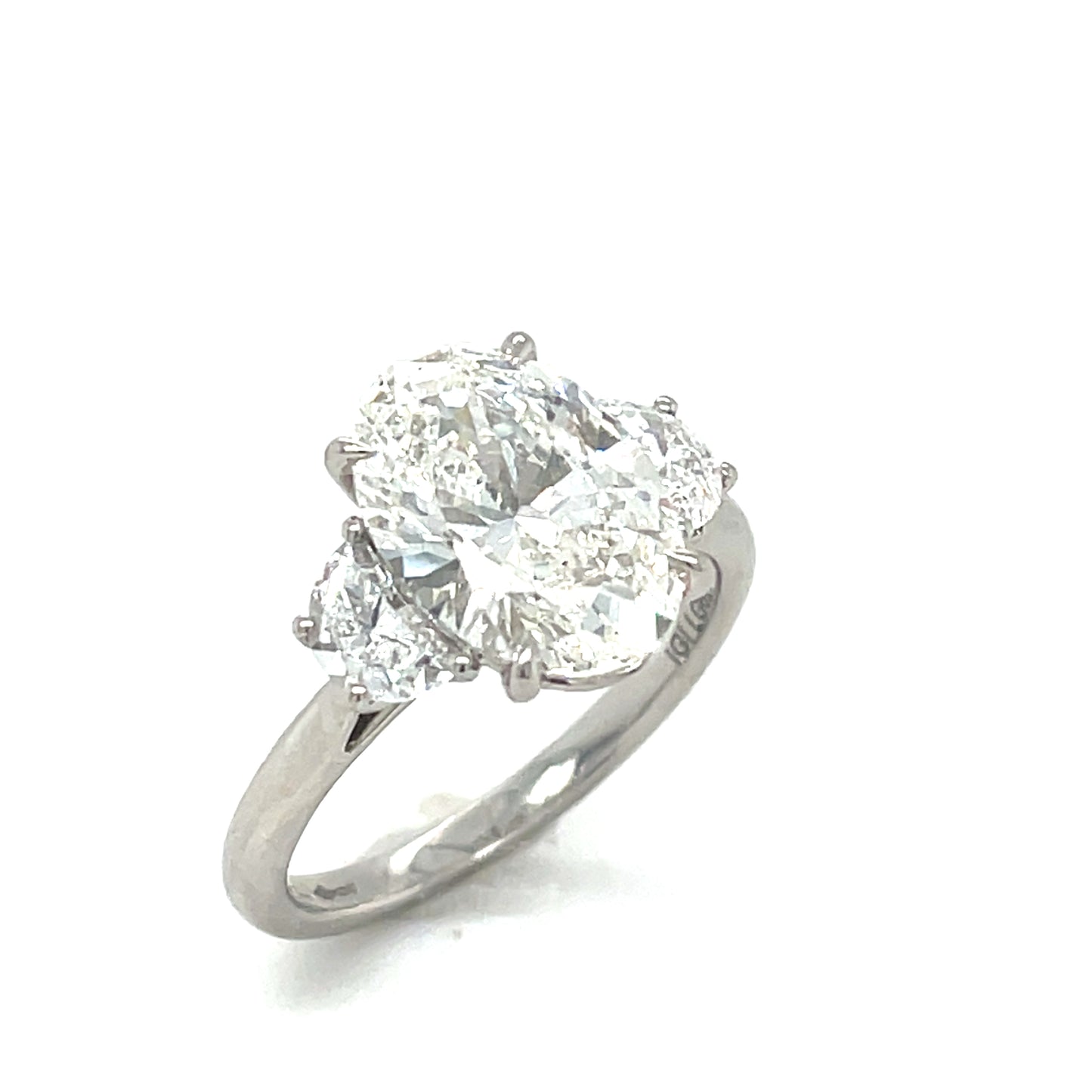 Platinum Three Stone Oval and Demilune Shoulder Cultured Diamond Ring 3.52ct