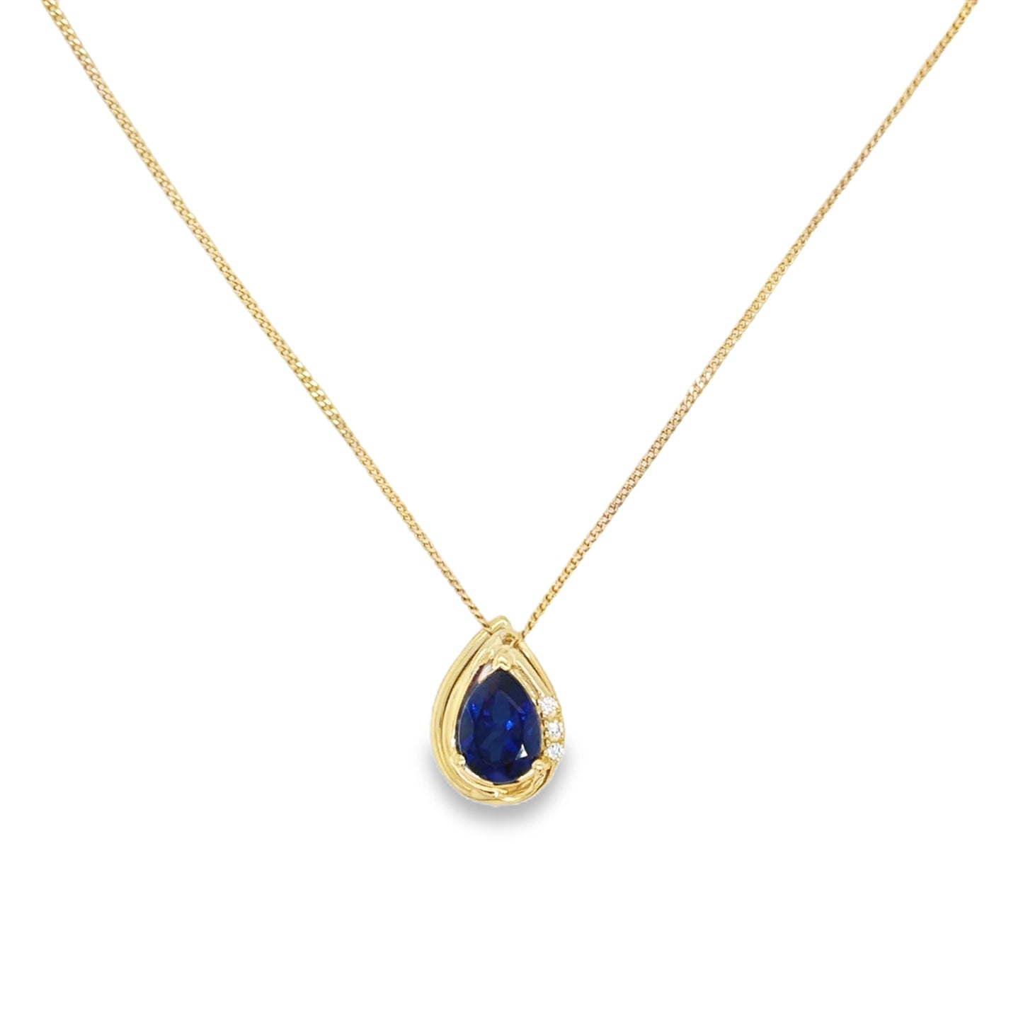 9ct Yellow Gold Pear Cut Sapphire Swirl Pendant with Cultured Diamond Detail .02ct