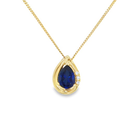 9ct Yellow Gold Pear Cut Sapphire Swirl Pendant with Cultured Diamond Detail .02ct