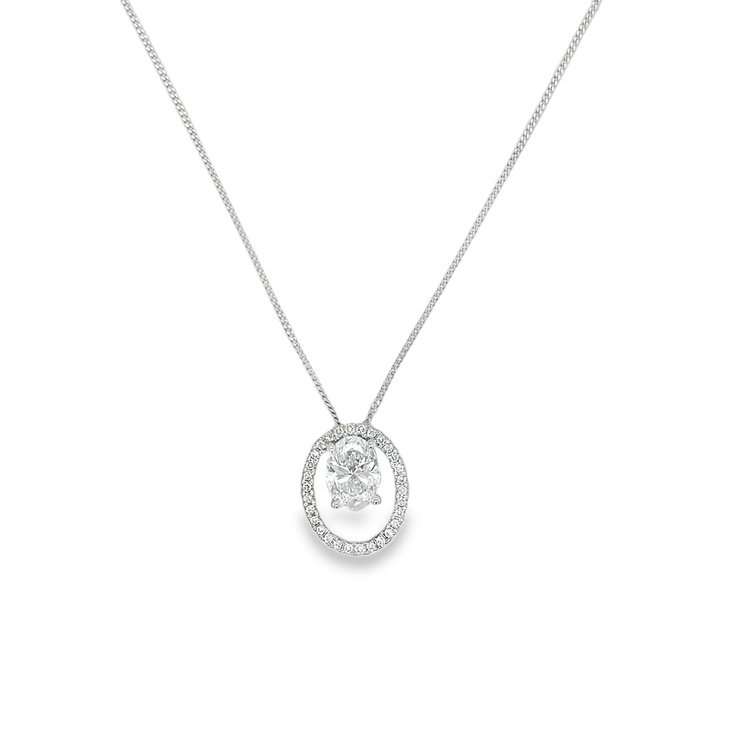 9ct White Gold Oval Solitaire with Open Oval Halo Cultured Diamond Pendant 1.15ct