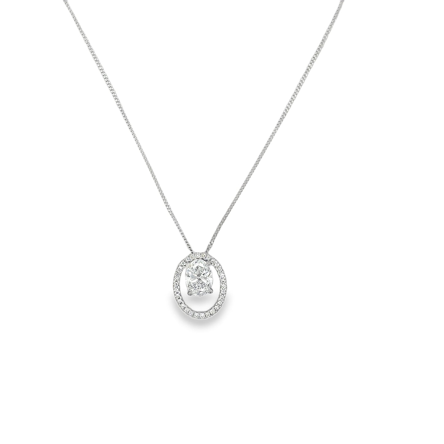 9ct White Gold Oval Solitaire with Open Oval Halo Cultured Diamond Pendant 1.15ct