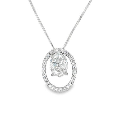 9ct White Gold Oval Solitaire with Open Oval Halo Cultured Diamond Pendant 1.15ct