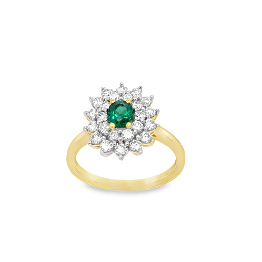 9ct Yellow Gold Oval Cultured Emerald and Cultured Diamond Cluster Ring 1.00ct