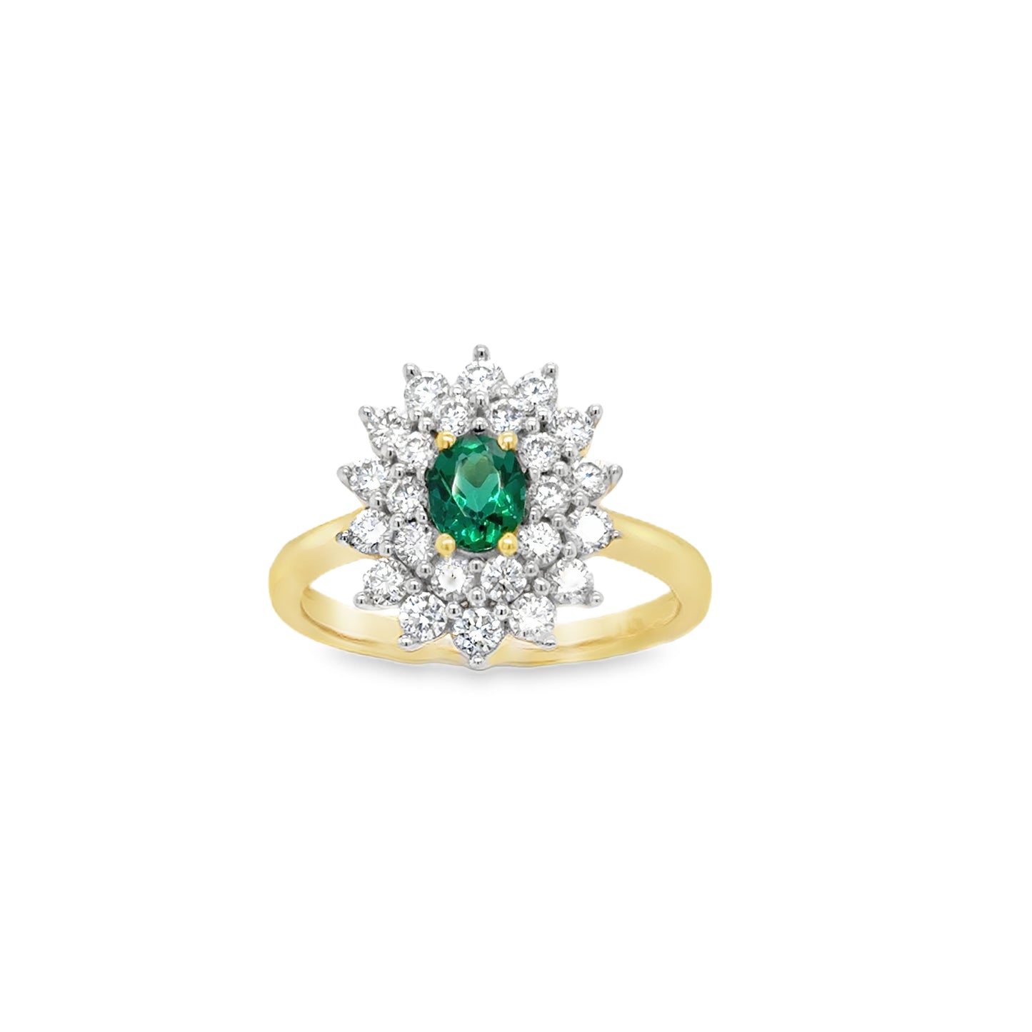 9ct Yellow Gold Oval Cultured Emerald and Cultured Diamond Cluster Ring 1.00ct