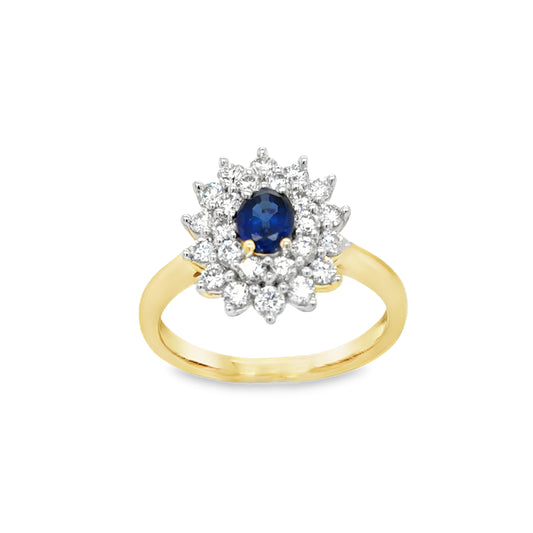 9ct Yellow Gold Oval Cultured Sapphire and Cultured Diamond Cluster Ring 1.00ct