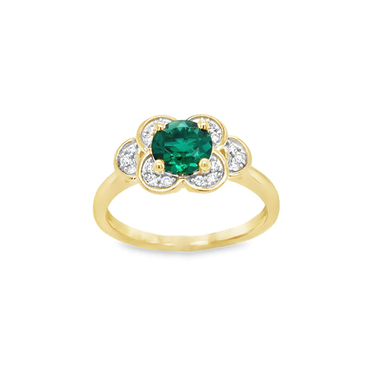 9ct Yellow Gold Cultured Emerald and Cultured Diamond Floral Cluster Ring .10ct