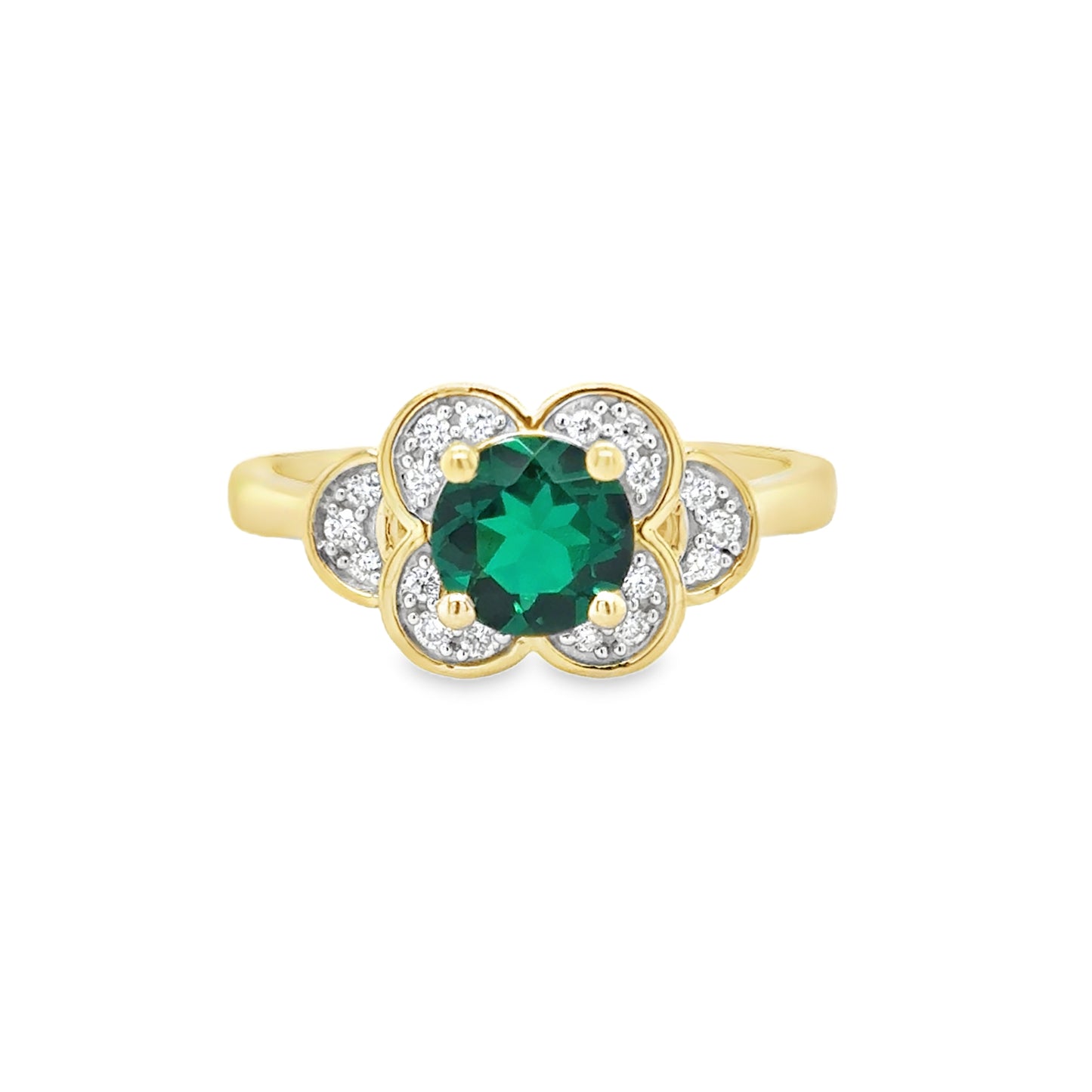 9ct Yellow Gold Cultured Emerald and Cultured Diamond Floral Cluster Ring .10ct