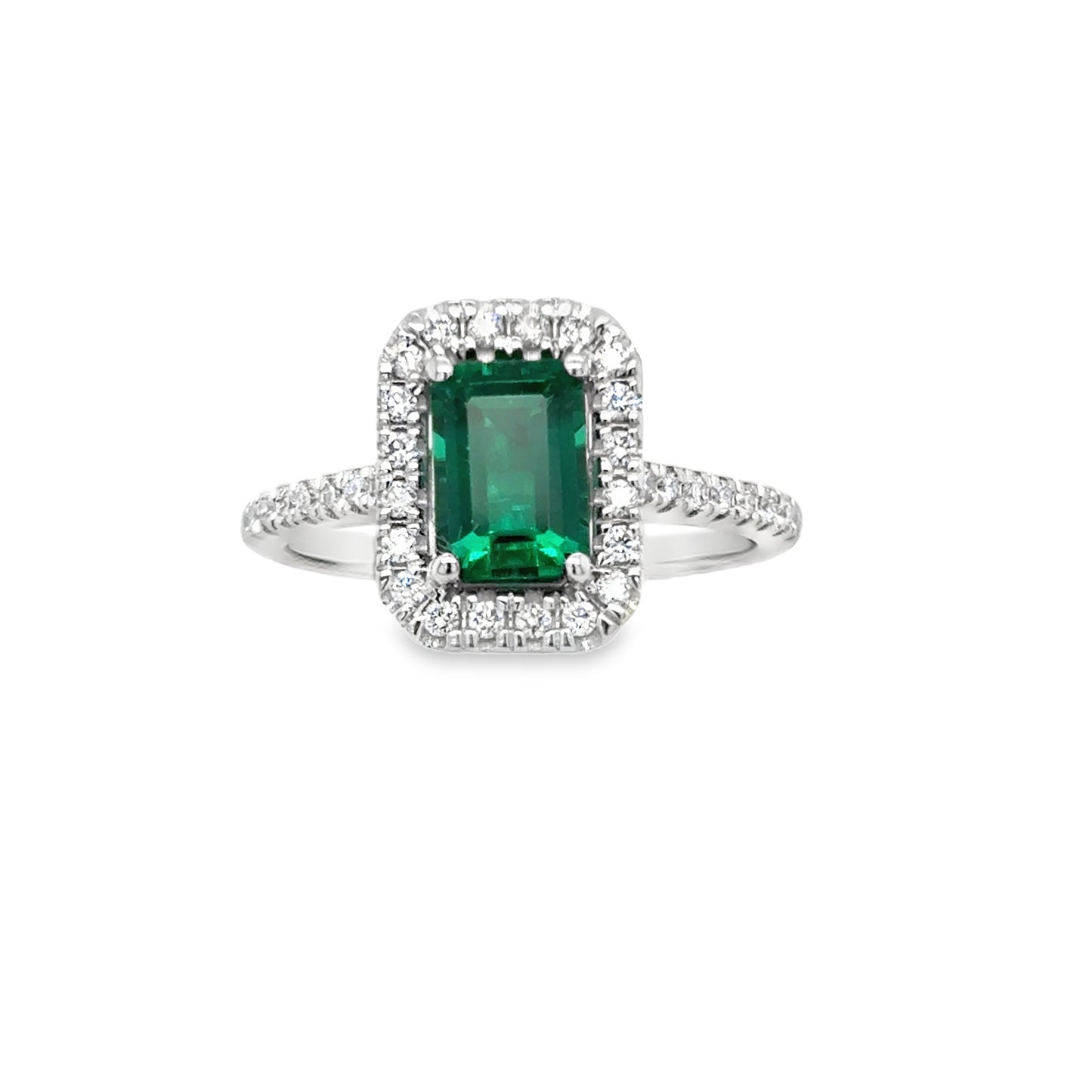 9ct White Gold Emerald Cut Cultured Emerald and Cultured Diamond Cluster Ring.25ct