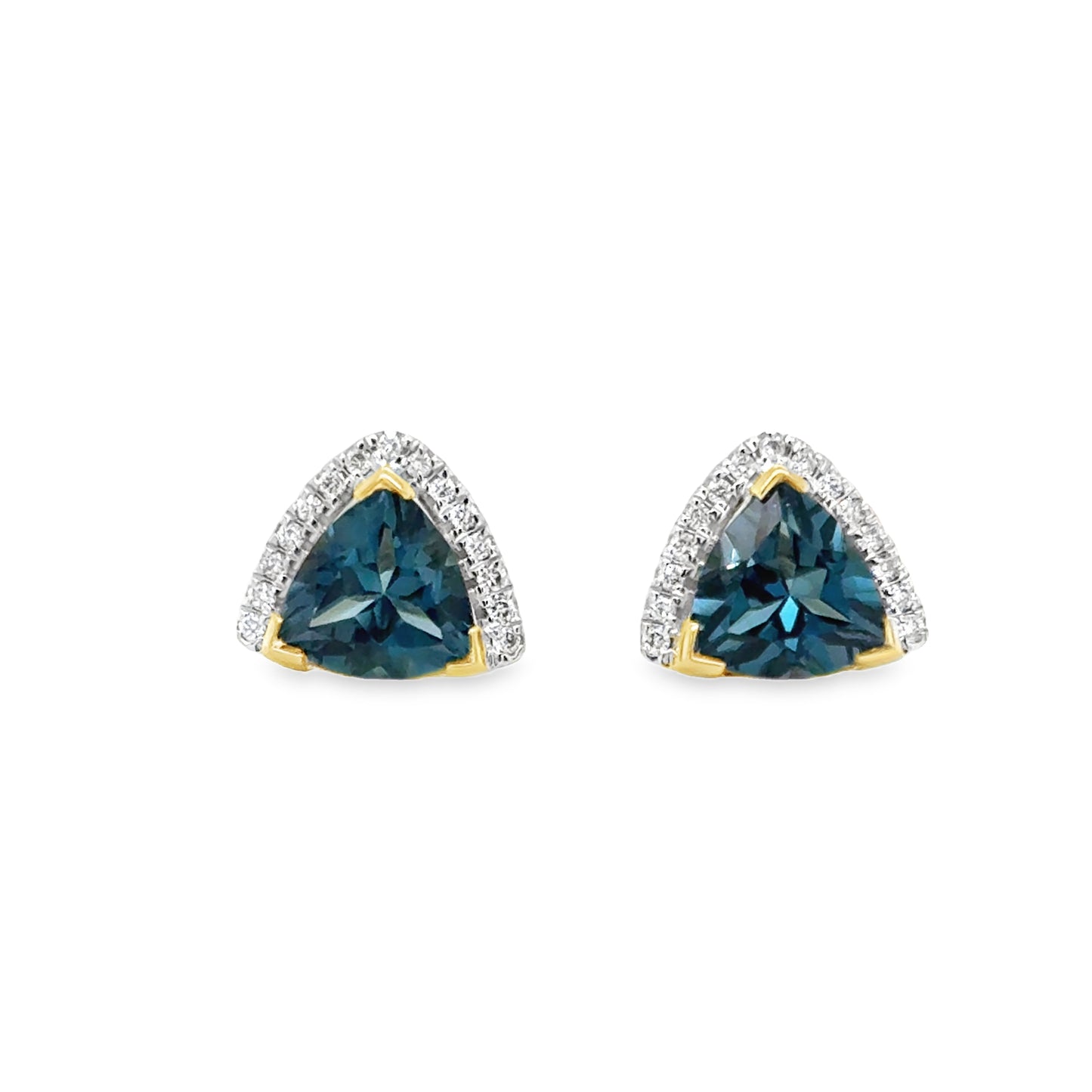 9ct Yellow Gold Trillion Cut London Blue Topaz Earrings with Diamond Halo .07ct