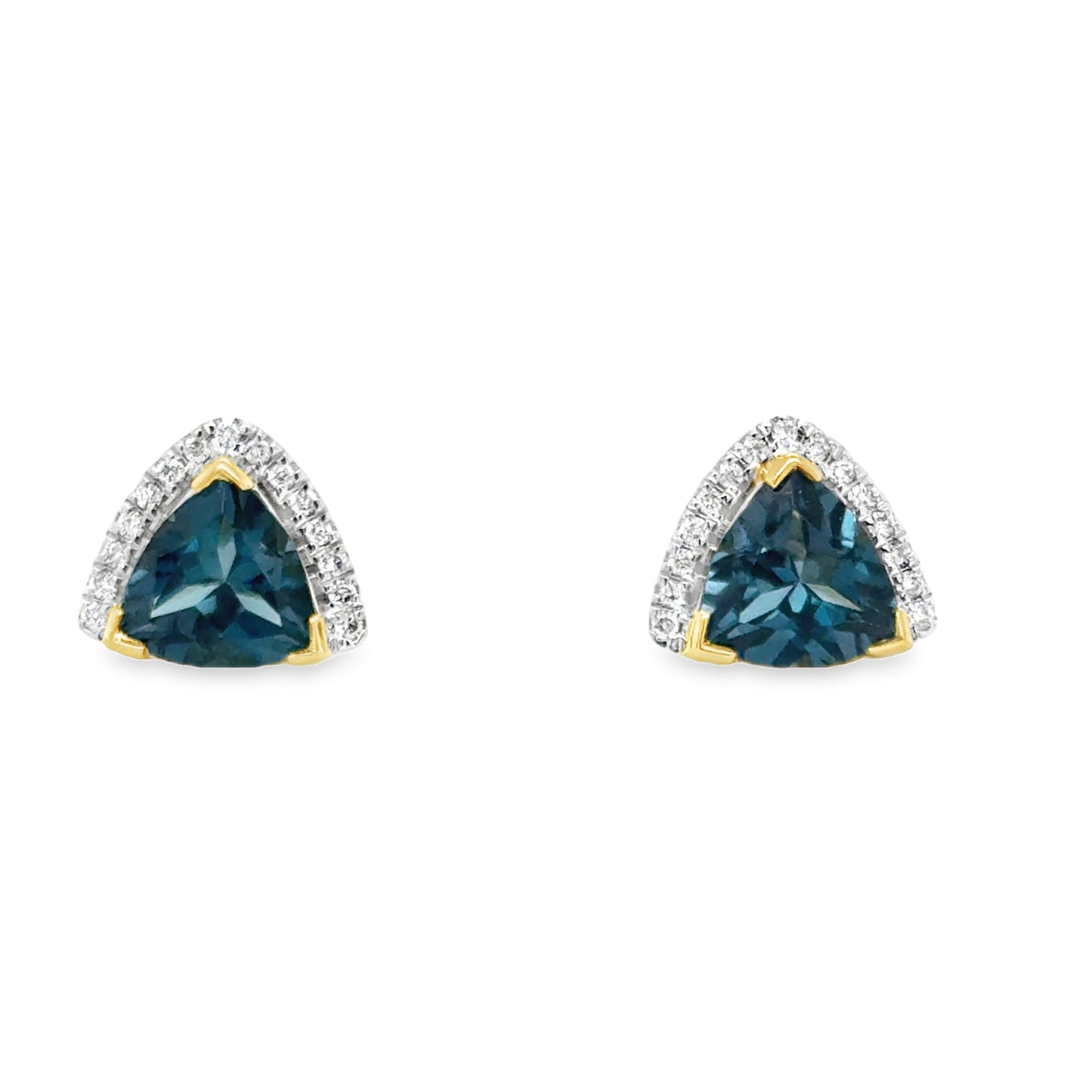9ct Yellow Gold Trillion Cut London Blue Topaz Earrings with Diamond Halo .07ct