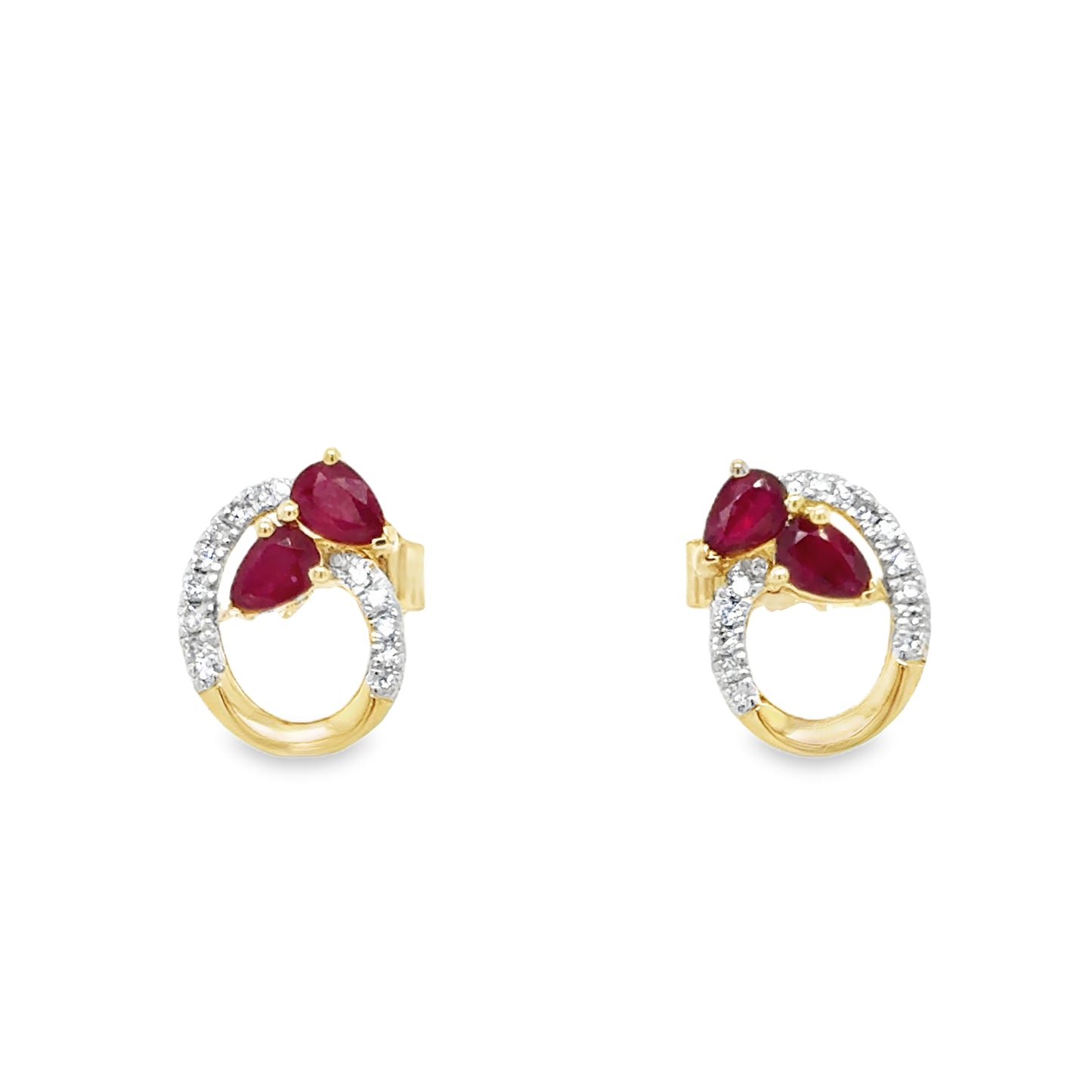 9ct Yellow Gold Open Oval Ruby and Diamond Swirl Earrings .06ct