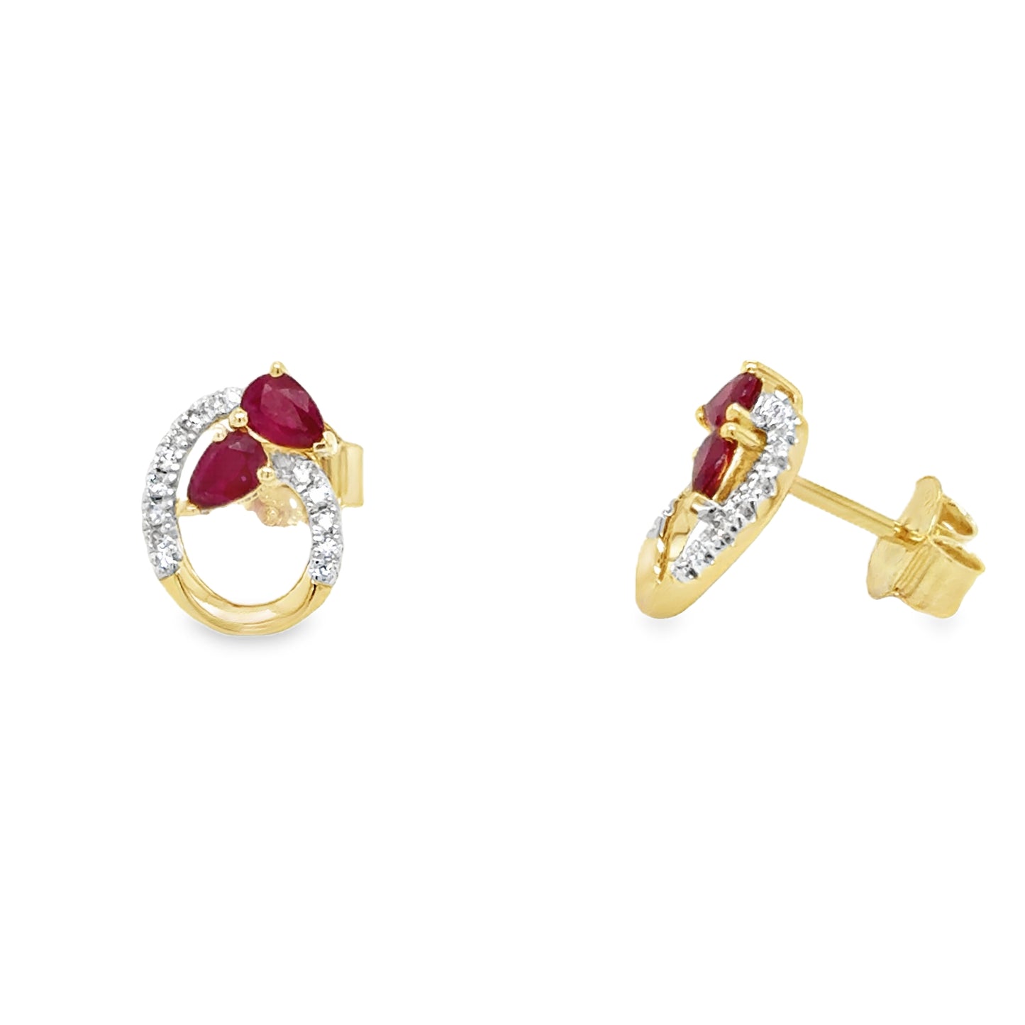 9ct Yellow Gold Open Oval Ruby and Diamond Swirl Earrings .06ct