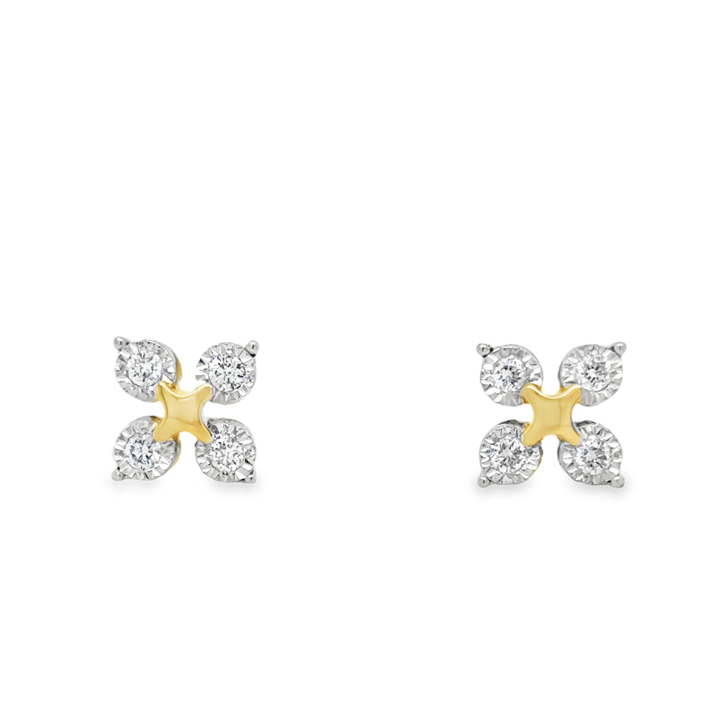 9ct Yellow Gold Four Stone Floral Cluster Diamond Earrings .10ct