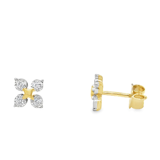 9ct Yellow Gold Four Stone Floral Cluster Diamond Earrings .10ct