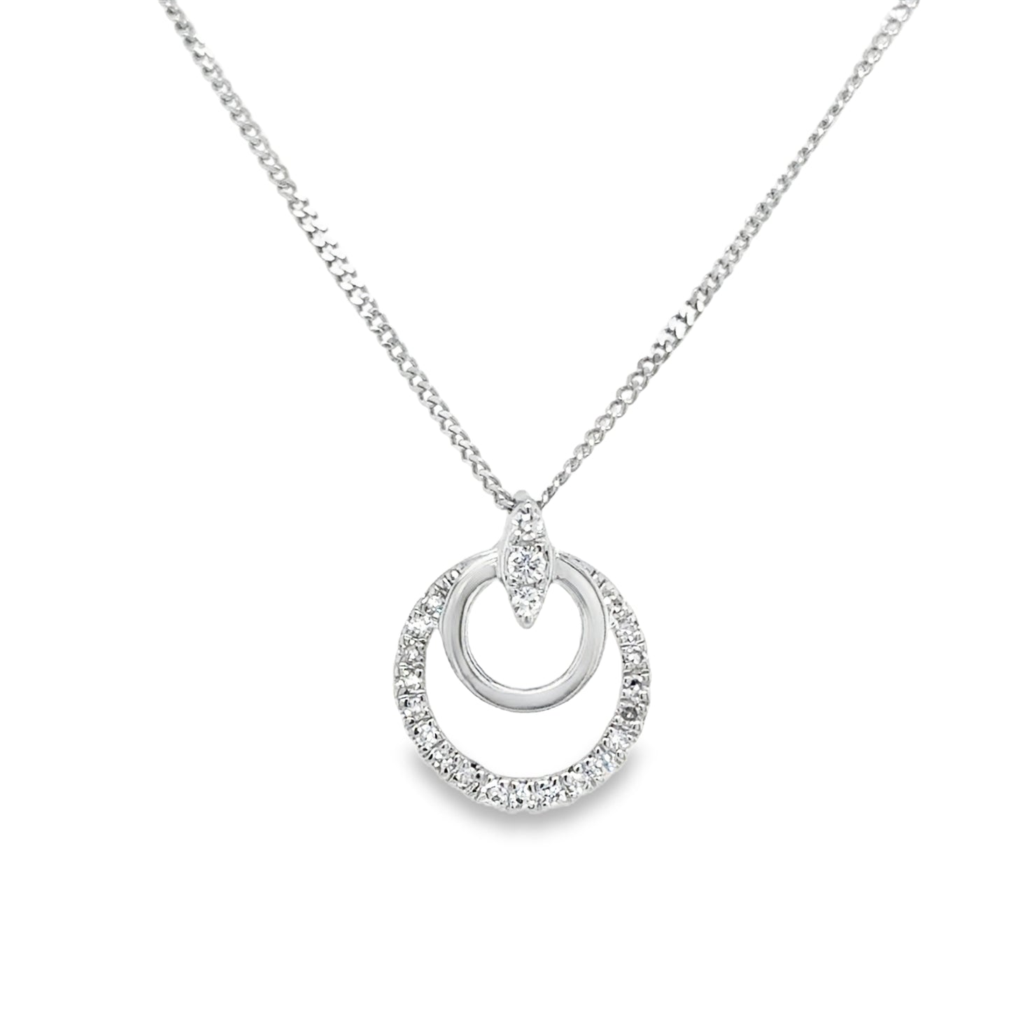 9ct White Gold Double Circle Diamond Necklet .06ct