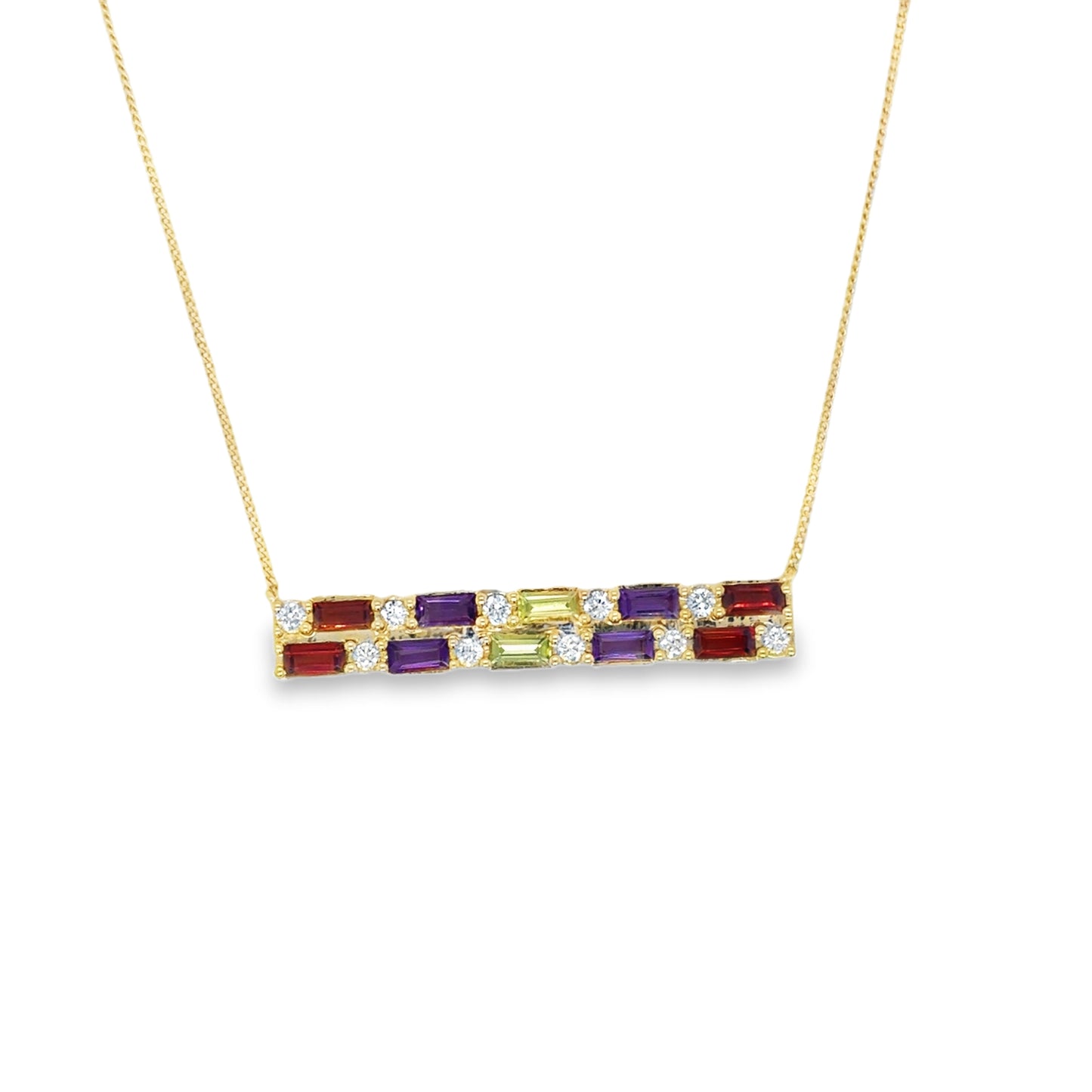 9ct Yellow Gold Baguette Cut Amethyst, Peridot, and Garnet with Round Diamond Bar Necklet .25ct