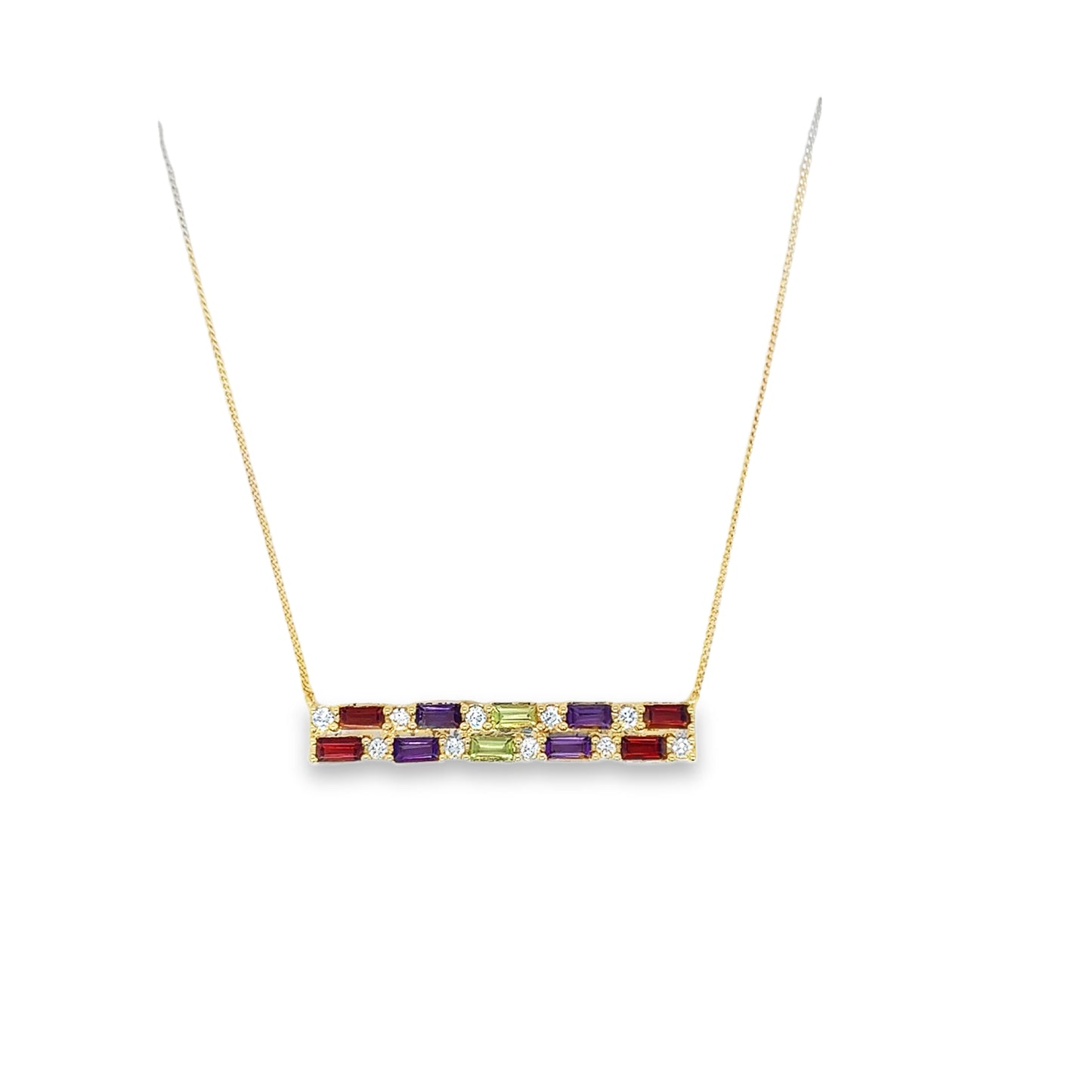 9ct Yellow Gold Baguette Cut Amethyst, Peridot, and Garnet with Round Diamond Bar Necklet .25ct