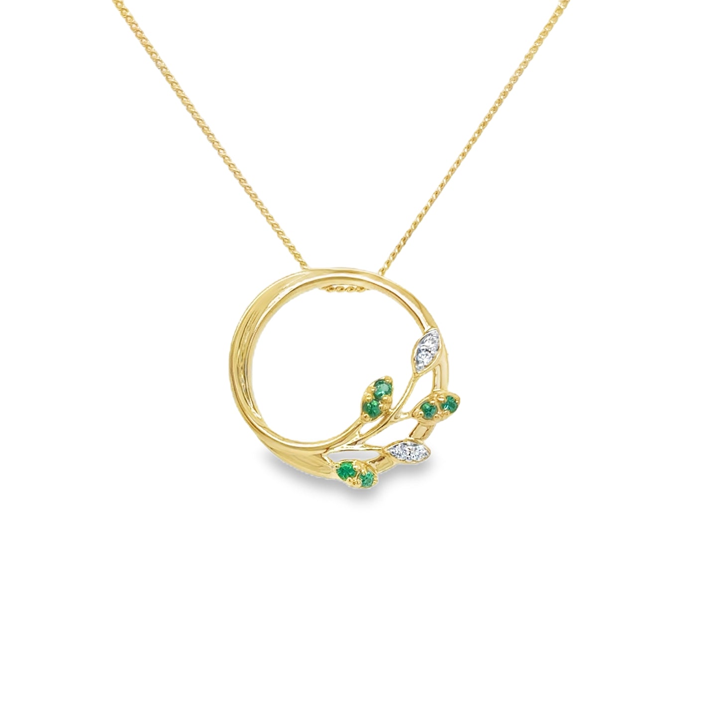 9ct Yellow Gold Open Circle Pendant with Emerald and Diamond Leaf Detail .02ct