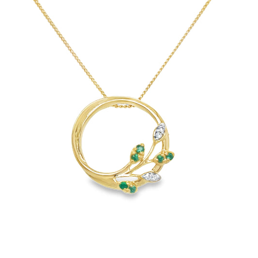 9ct Yellow Gold Open Circle Pendant with Emerald and Diamond Leaf Detail .02ct