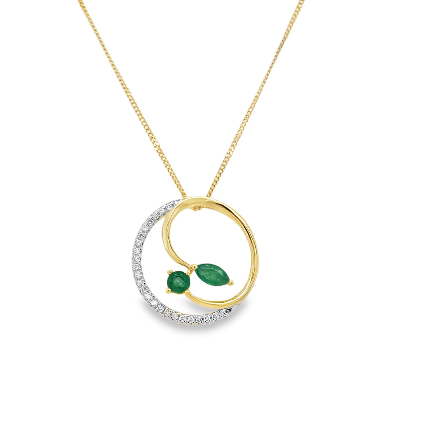 9ct Yellow Gold Open Circle Diamond Pendant with Emerald Leaf Detail .08ct