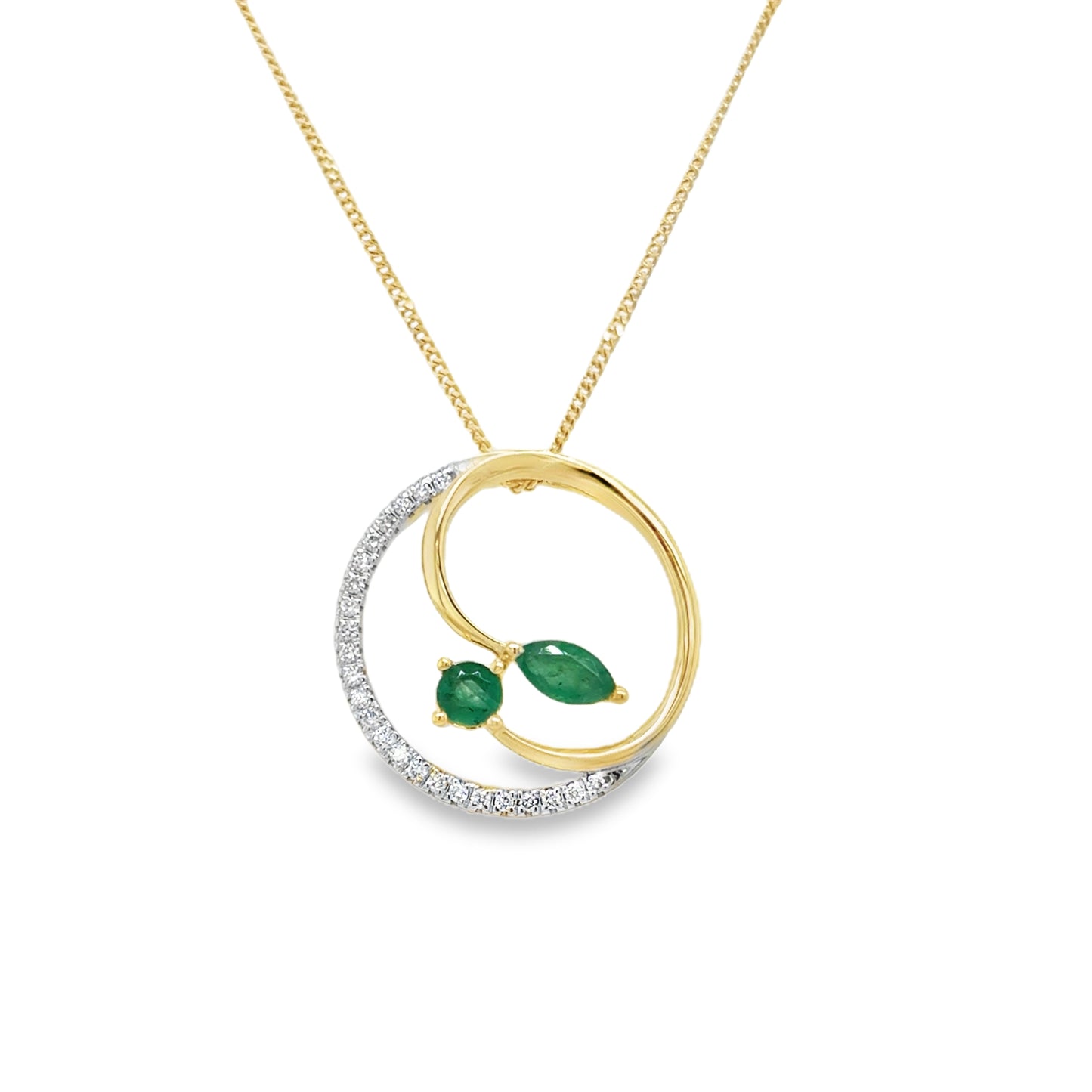 9ct Yellow Gold Open Circle Diamond Pendant with Emerald Leaf Detail .08ct