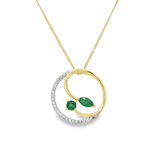 9ct Yellow Gold Open Circle Diamond Pendant with Emerald Leaf Detail .08ct