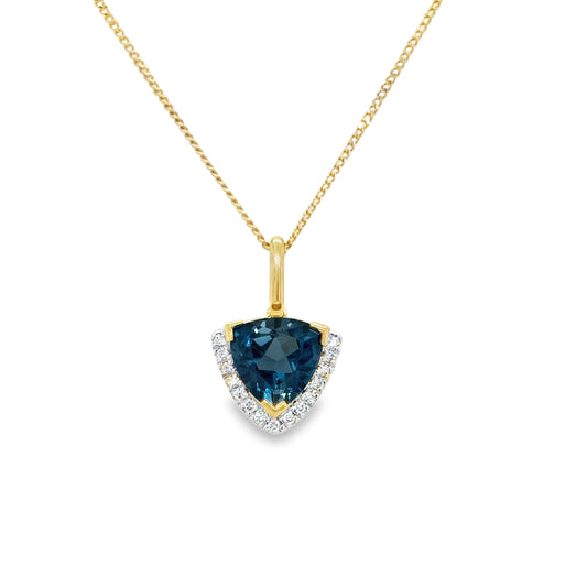 9ct Yellow gold Trillion Cut London Blue Topaz Pendant with Diamond Halo .05ct