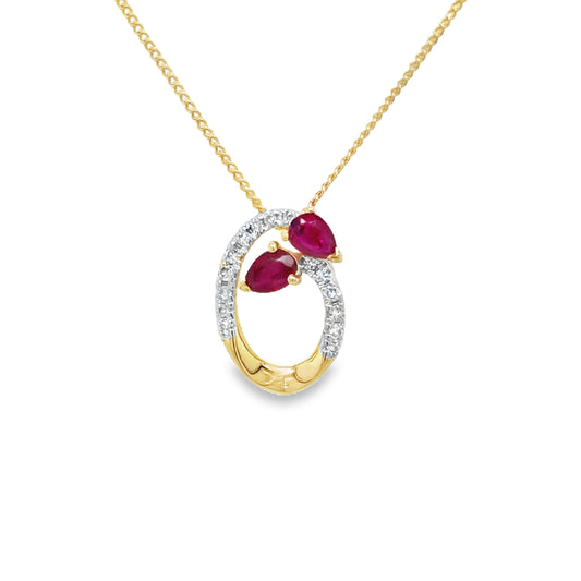 9ct yellow Gold Open Oval Diamond and Rube Swirl Pendant .06ct
