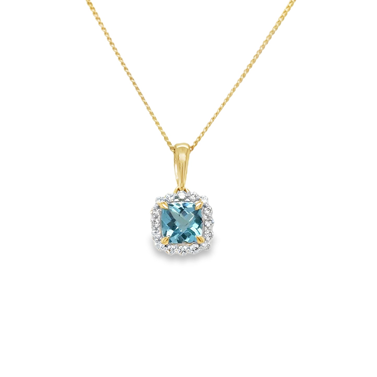 9ct Yellow Gold Cushion Cut Sky Blue Topaz Pendant with Diamond Halo .10ct