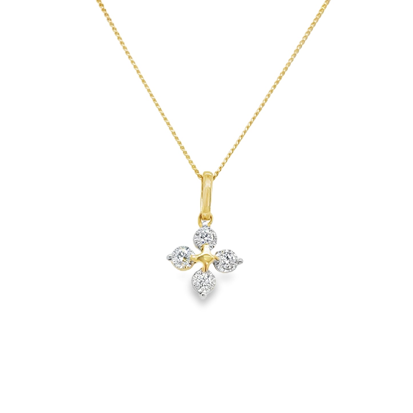 9ct Yellow Gold Four Stone Floral Cluster Diamond Pendant .11ct