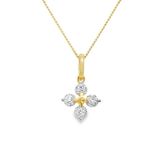 9ct Yellow Gold Four Stone Floral Cluster Diamond Pendant .11ct