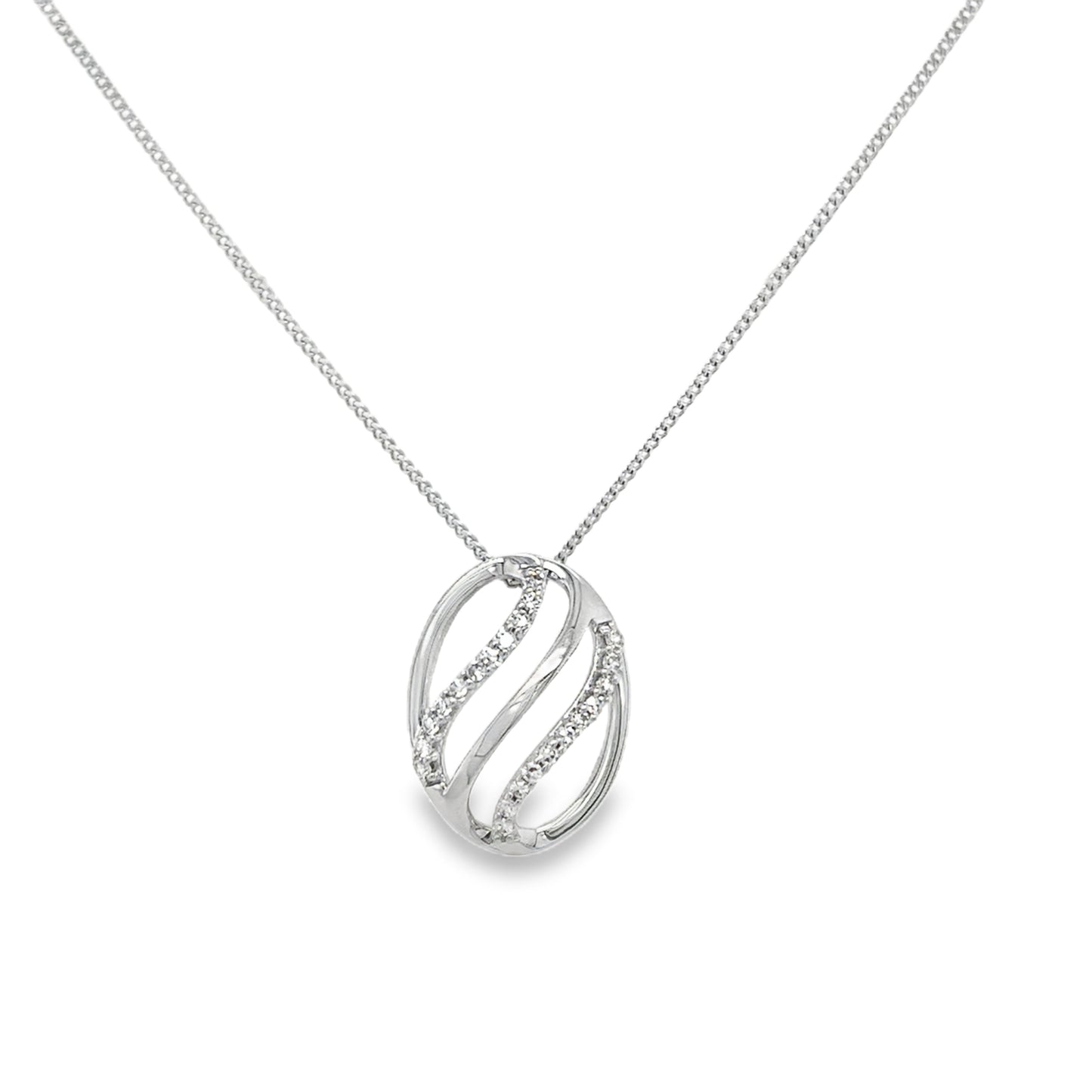 9ct White Gold Open Oval Swirl Diamond Pendant .08ct