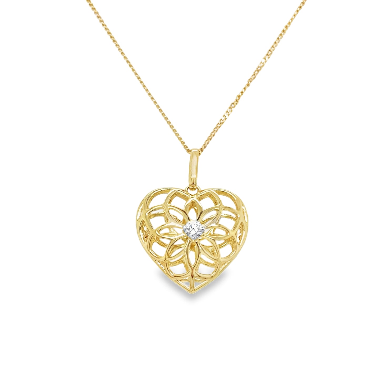 9ct Yellow Gold Open Floral Heart Diamond Pendant .05ct