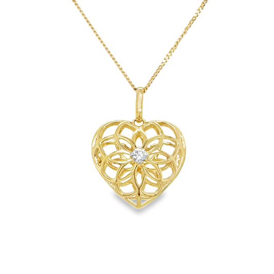 9ct Yellow Gold Open Floral Heart Diamond Pendant .05ct