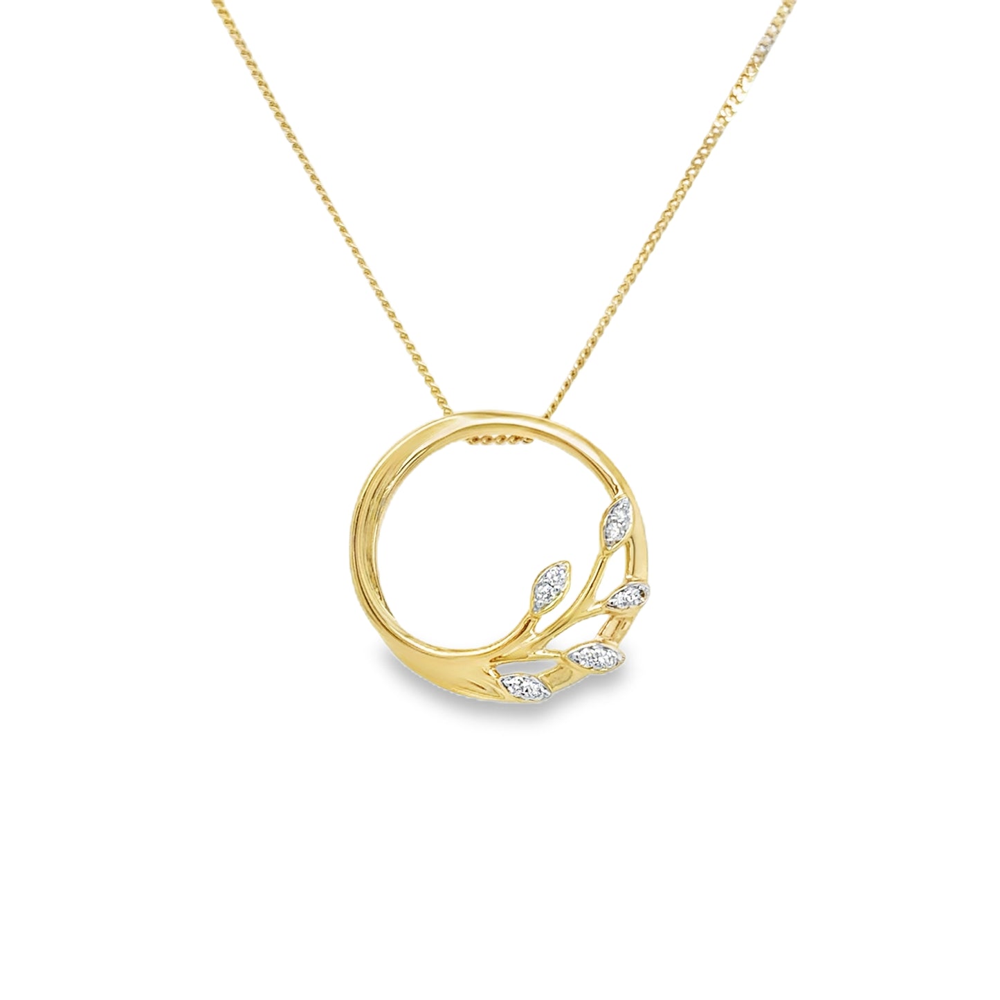 9ct Yellow Open Circle Diamond Leaf Pendant .03ct
