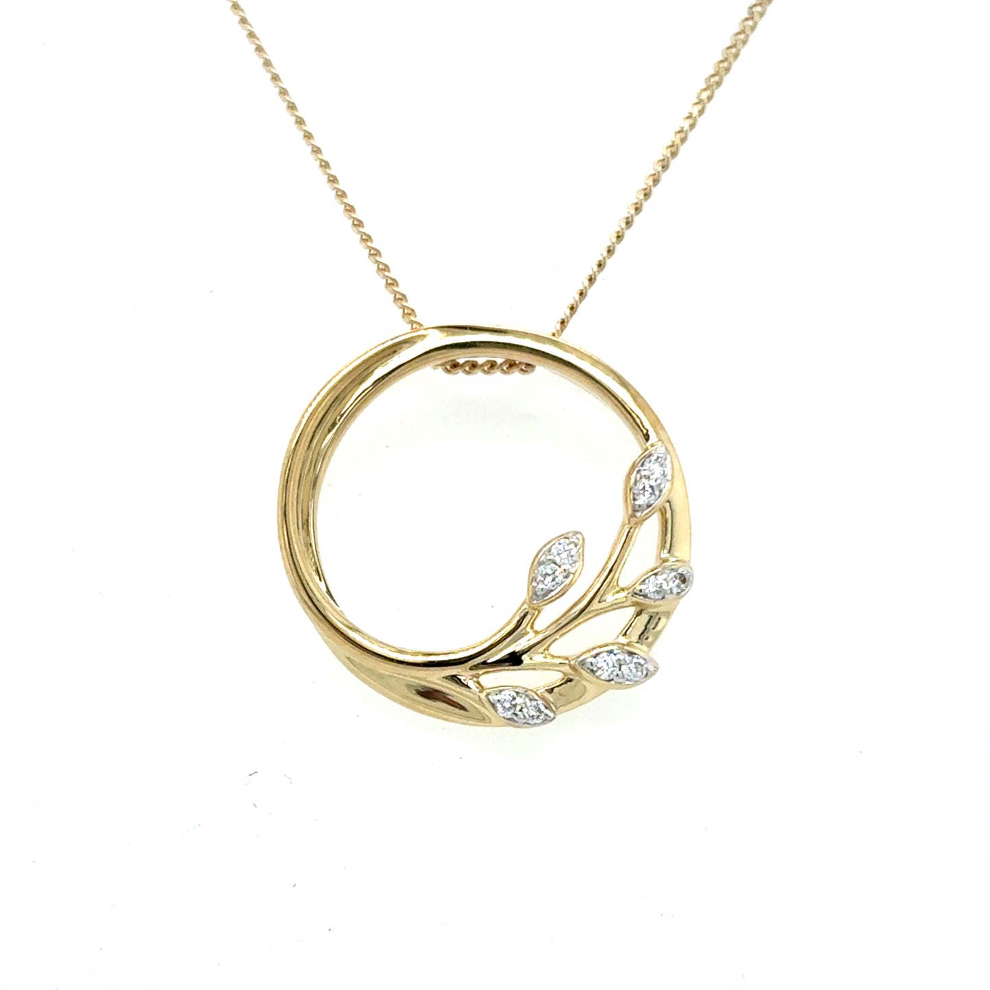 9ct Yellow Open Circle Diamond Leaf Pendant .03ct