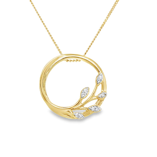 9ct Yellow Open Circle Diamond Leaf Pendant .03ct