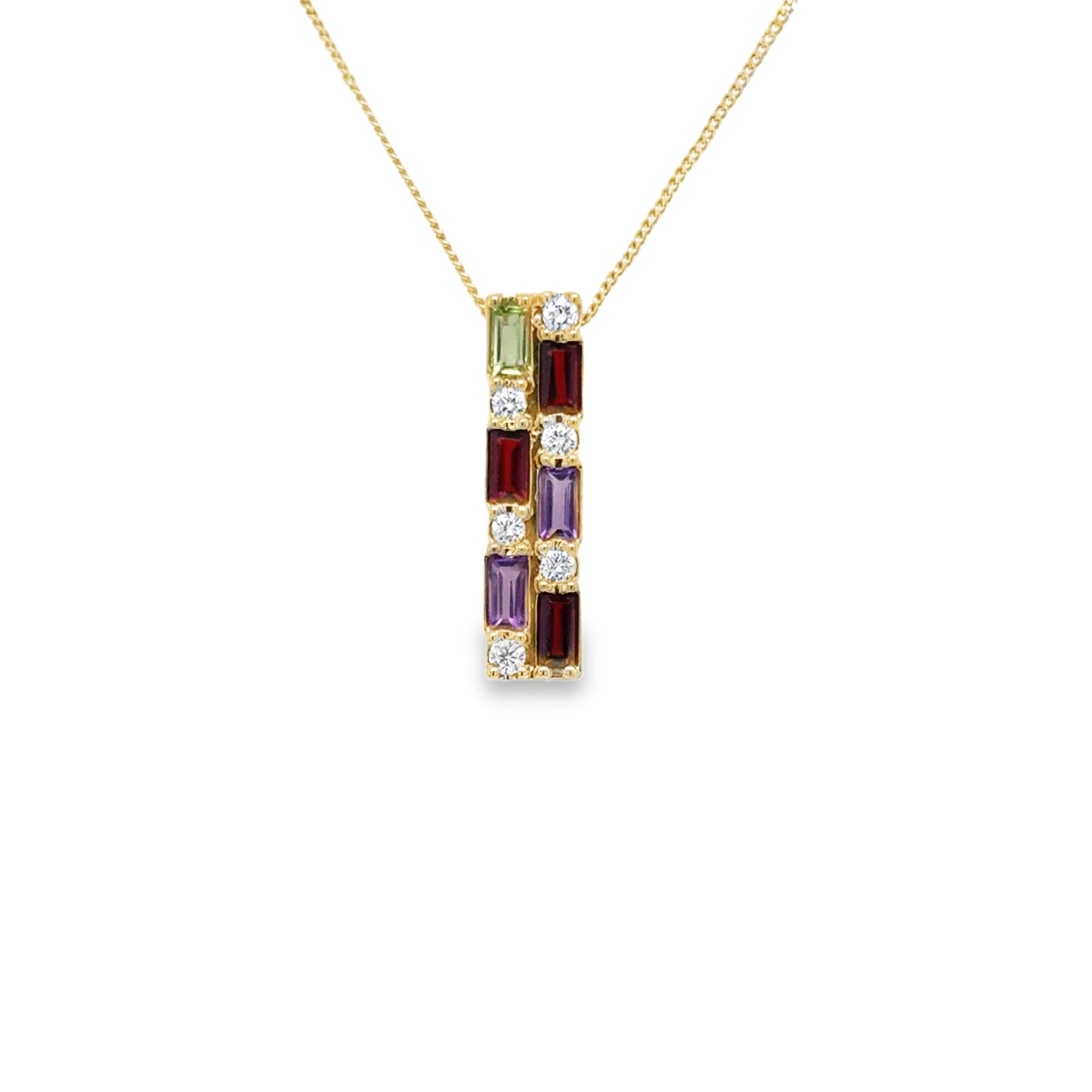 9ct Yellow Gold Amethyst, Peridot, Garnet and Diamond Bar Drop Pendant .15ct