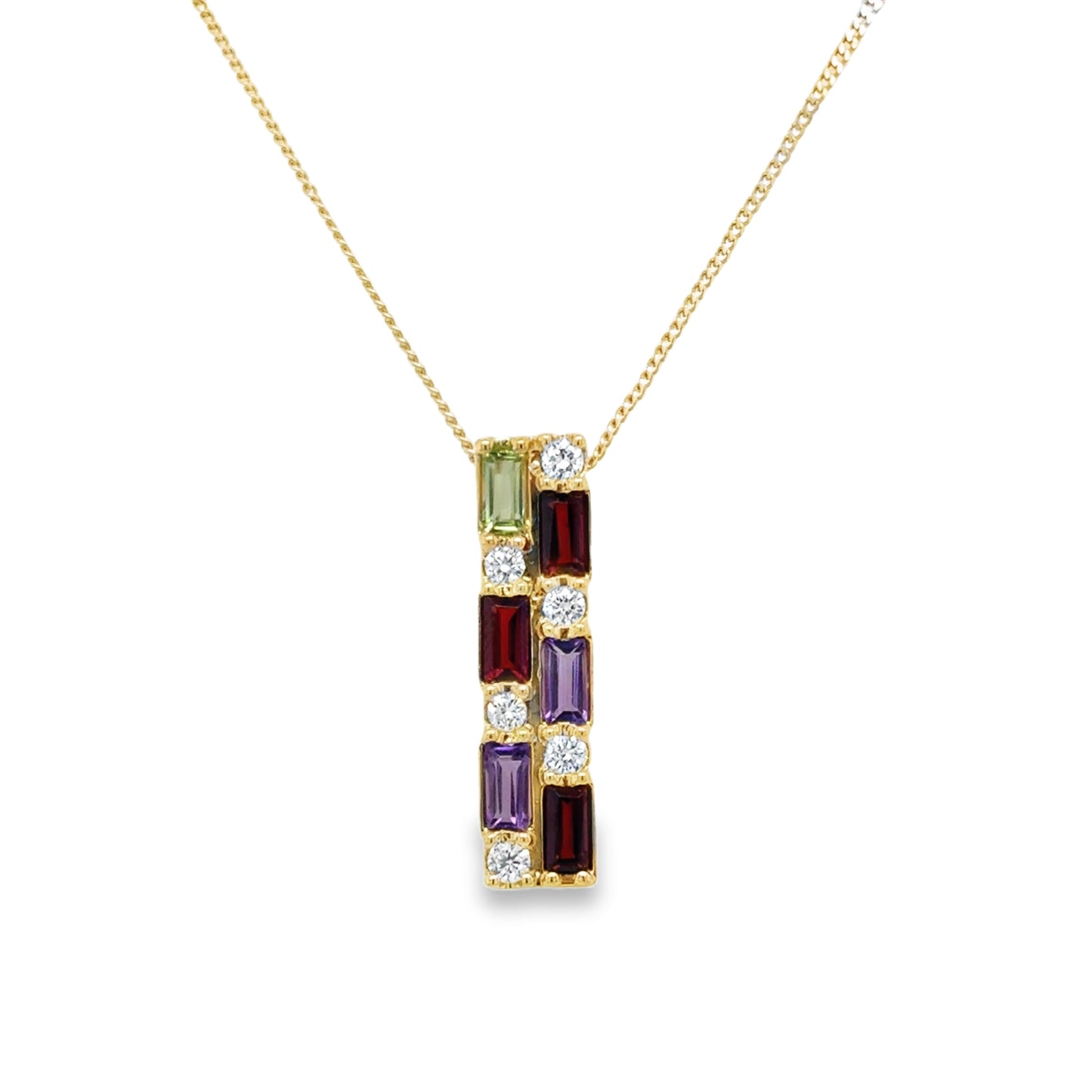 9ct Yellow Gold Amethyst, Peridot, Garnet and Diamond Bar Drop Pendant .15ct