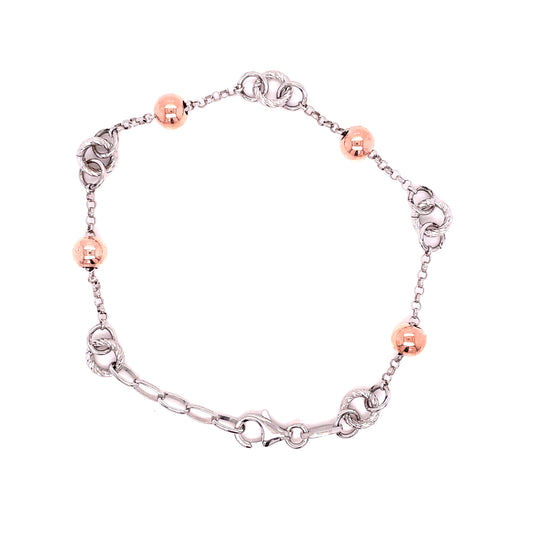 Sterling Silver + Rose Plated Ball + Round Link Bracelet
