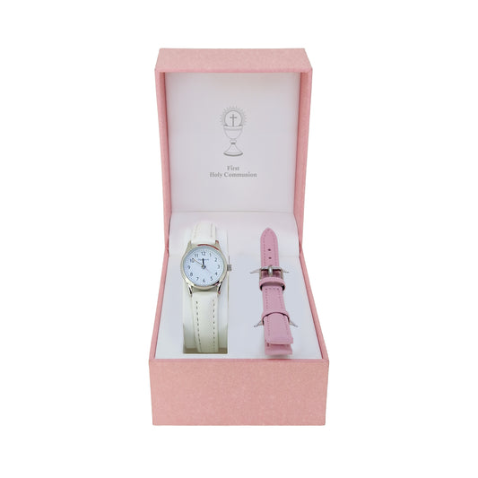 Kids Round Stainless Steel Full Figure Harrison Communion Watch With Extra Pink Leather strap