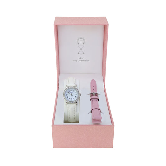 Kids Round Stainless Steel Stone Set Bezel Harrison Communion Watch With Extra Pink Leather strap