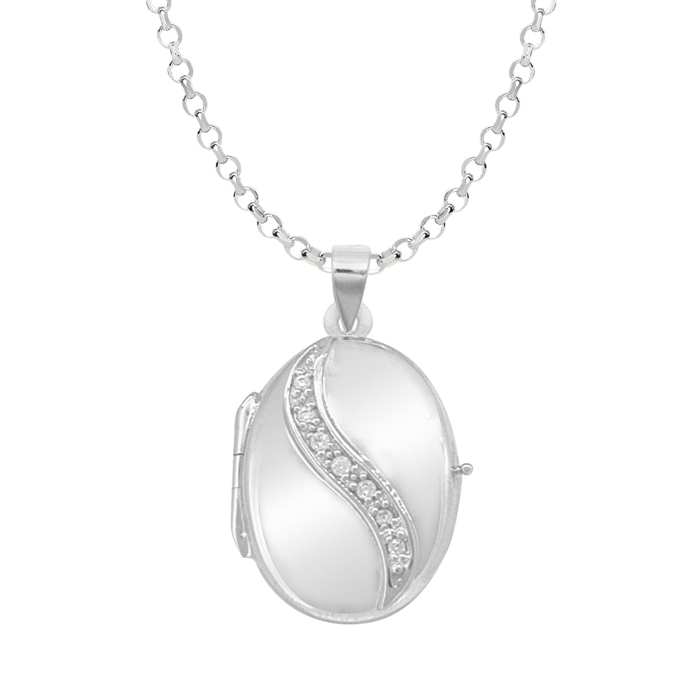 Sterling Silver Oval Locket With Cubic Zirconia Swirl