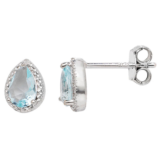 Sterling Silver Blue CZ Pear Halo Earrings