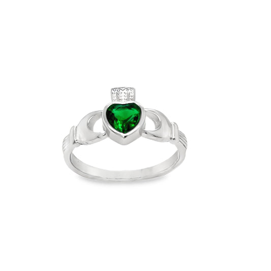 Sterling Silver CZ Rubover Green Claddagh