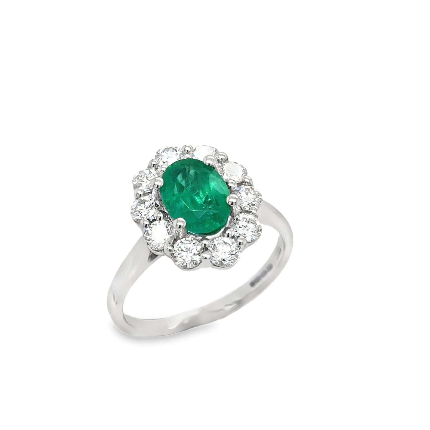18ct White Gold Oval Emerald and Diamond Cluster Ring 1.15ct